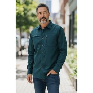 Magellan Sportswear Button Down Shirt Mens Teal Green Zip Pocket Long Sleeve L